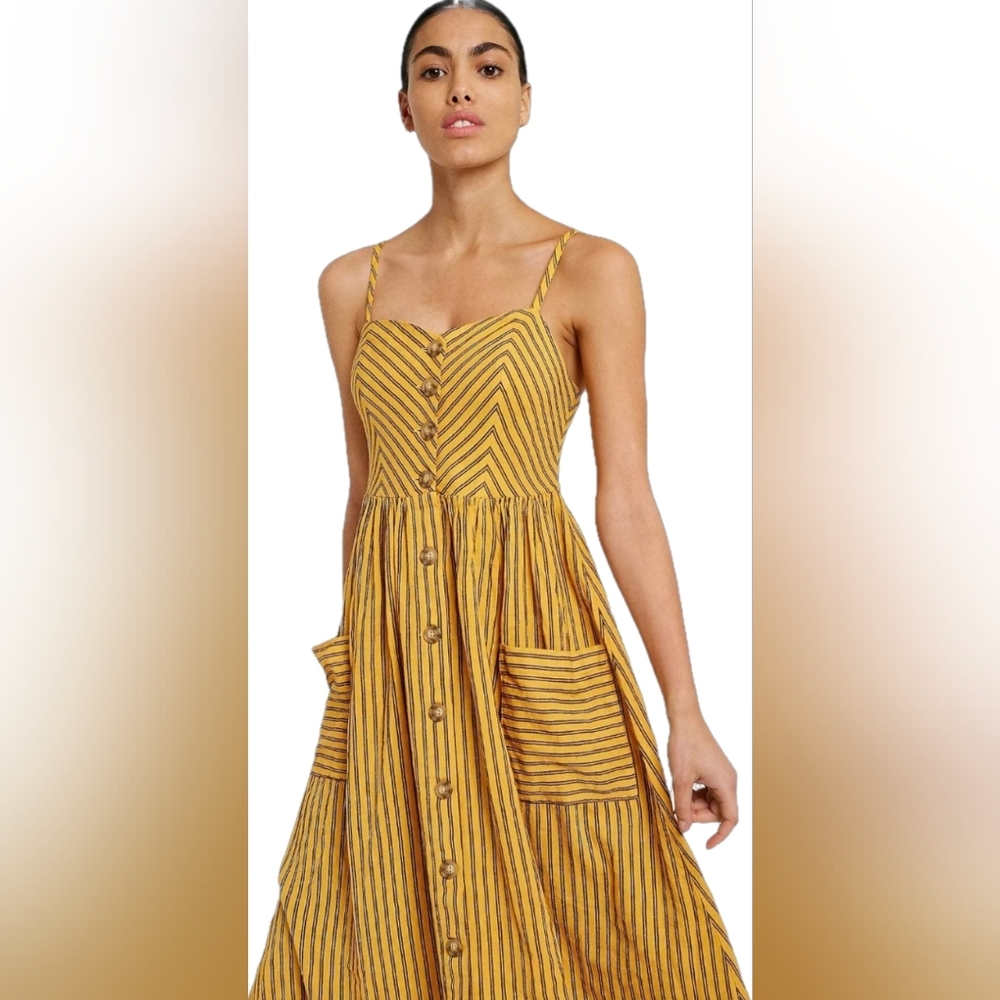 Japna 100% Cotton Yellow & Black Button Down Midi Sundress. Size Medium